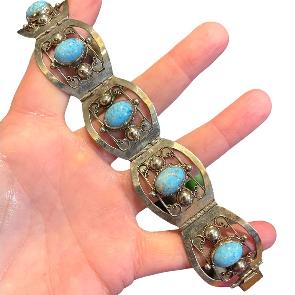 Vintage 1960s Turquois stone  Alpaca silver bangle link bracelet Mexico
